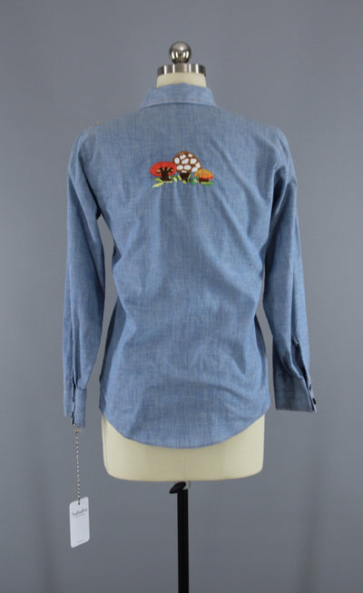 Vintage 1970s Embroidered Owl Mushroom Hippie Western Chambray Denim Shirt - ThisBlueBird