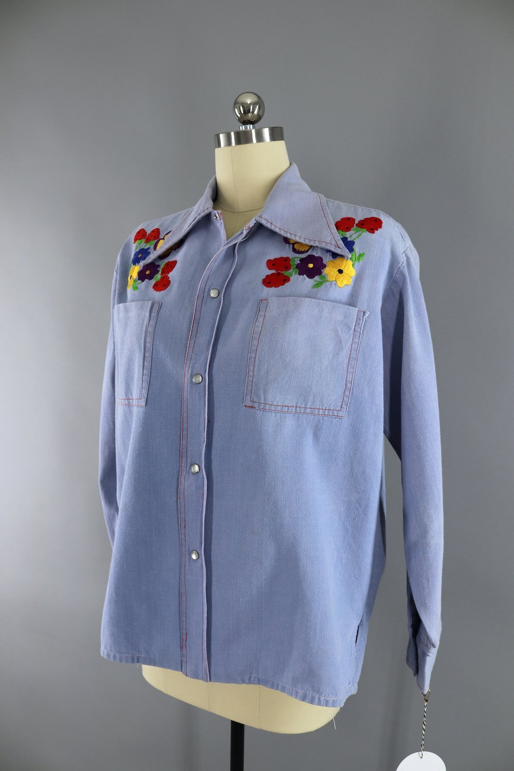 Vintage 1970s Embroidered Shirt / Blue Chambray Denim - ThisBlueBird