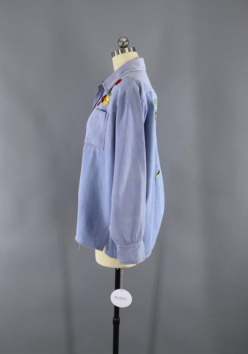 Vintage 1970s Embroidered Shirt / Blue Chambray Denim - ThisBlueBird