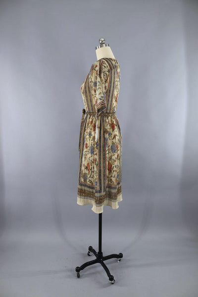 Vintage 1970s Gauze Dress / Hal Ferman / Tan Floral Print - ThisBlueBird