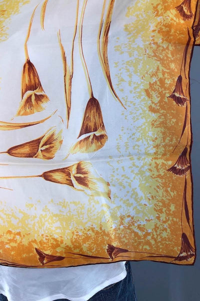 Vintage 1970s Gold Orange Lily Floral Print Scarf-ThisBlueBird - Modern Vintage