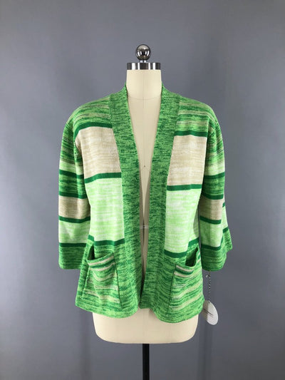 Vintage 1970s Green Striped Cardigan Sweater - ThisBlueBird