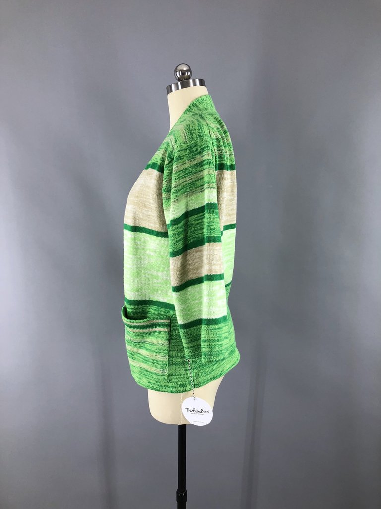 Vintage 1970s Green Striped Cardigan Sweater - ThisBlueBird