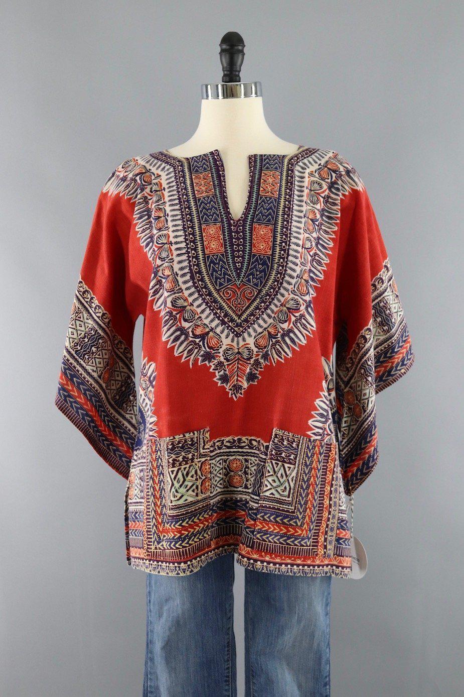 Vintage 1970s Hippie Tunic / Red Multicolor - ThisBlueBird