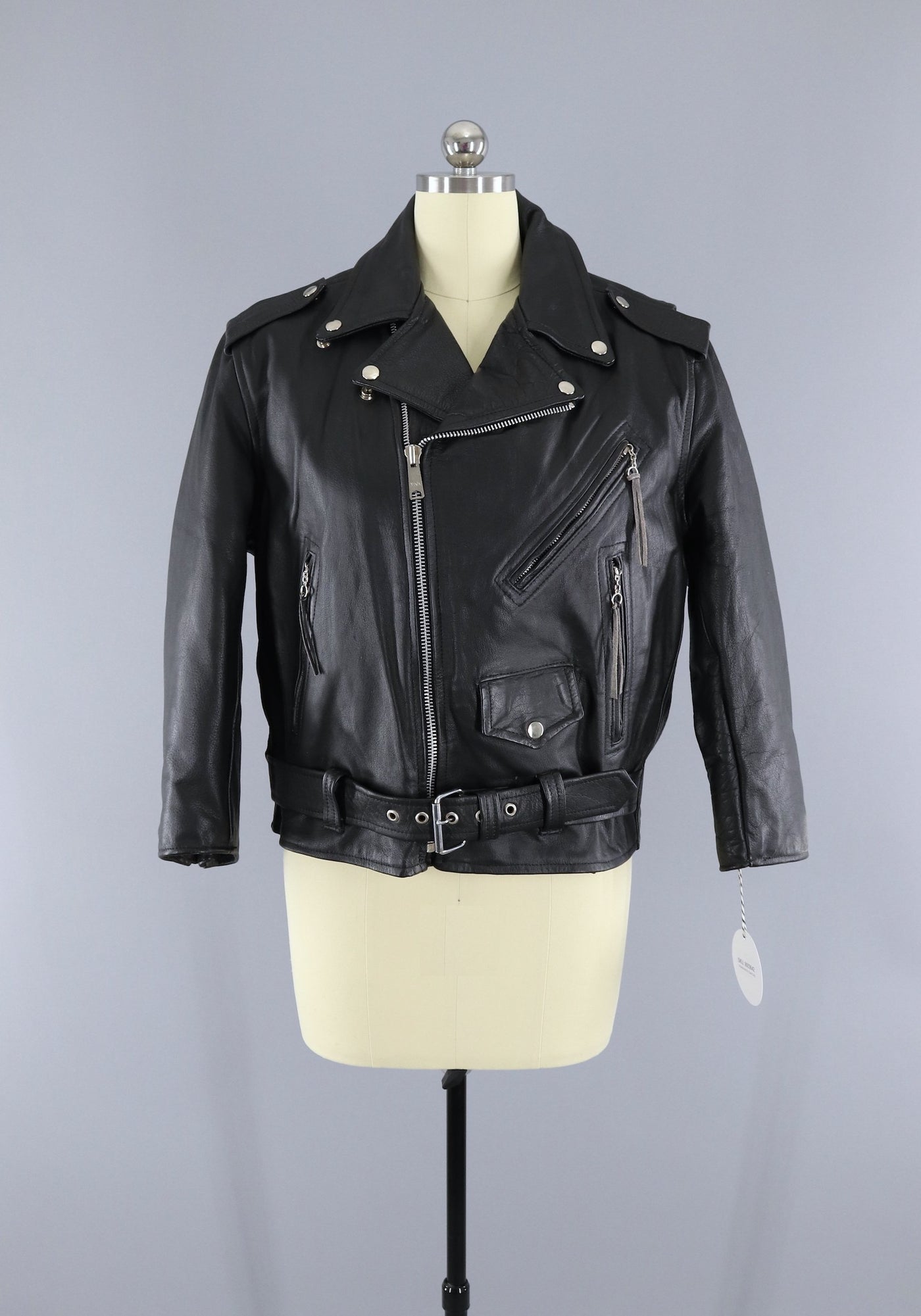 Vintage 1970s ICS Black Leather Biker Motorcycle Jacket - ThisBlueBird