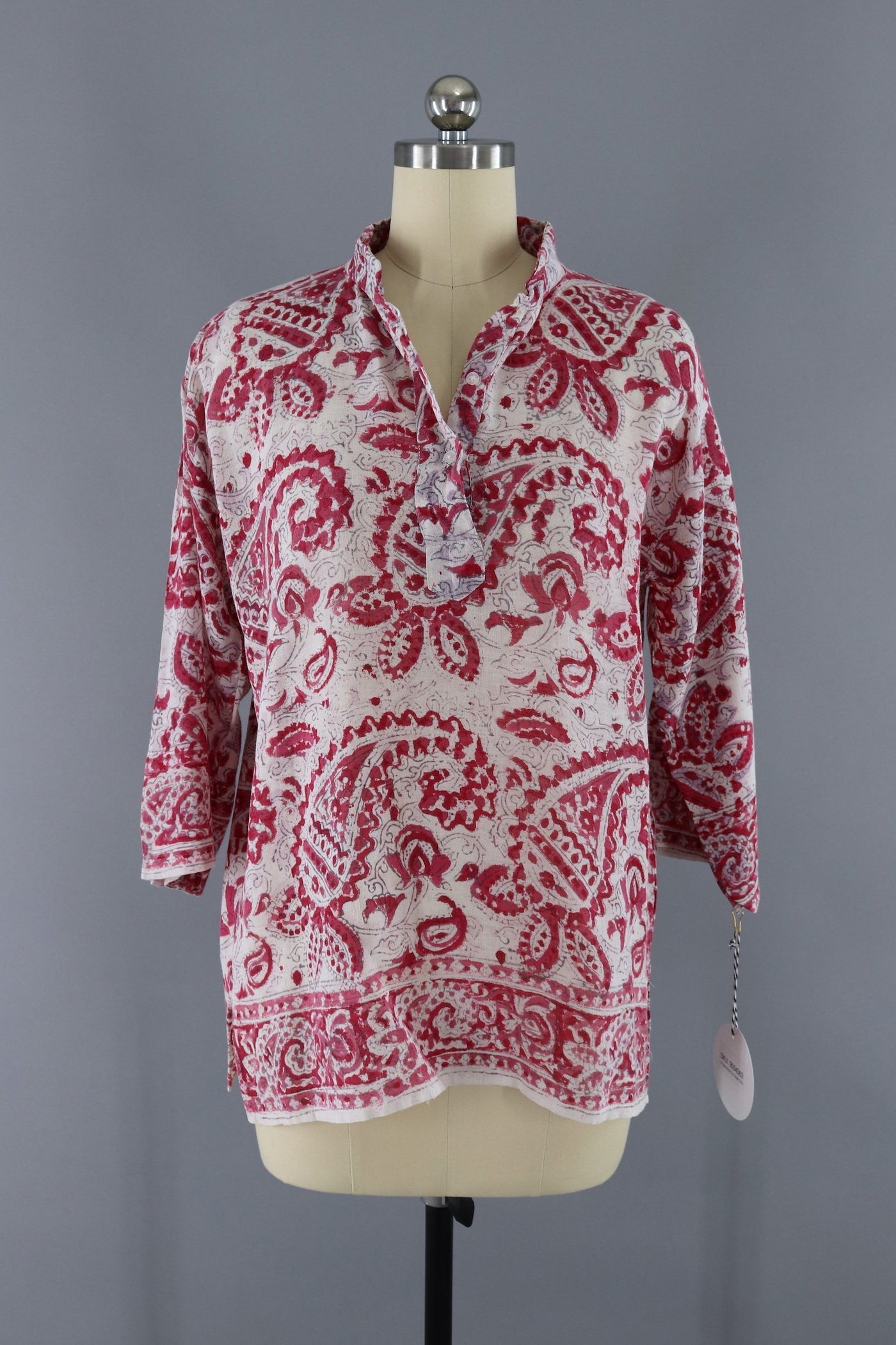 Vintage 1970s Indian Cotton Gauze Tunic Blouse / Raspberry Red Block Print - ThisBlueBird