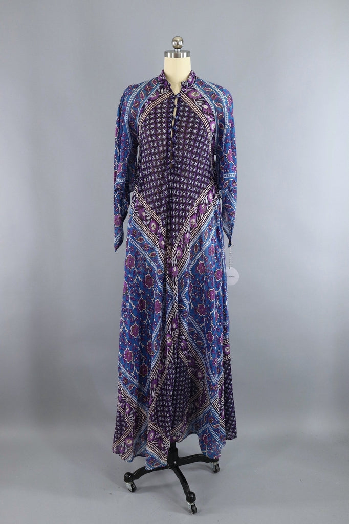 Vintage 1970s Indian Cotton Maxi Dress / ADINI / Blue &amp; Purple Floral Caftan - ThisBlueBird