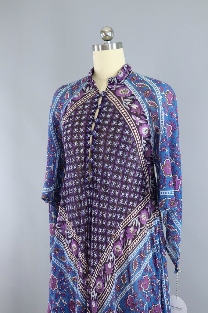 Vintage 1970s Indian Cotton Maxi Dress / ADINI / Blue &amp; Purple Floral Caftan - ThisBlueBird