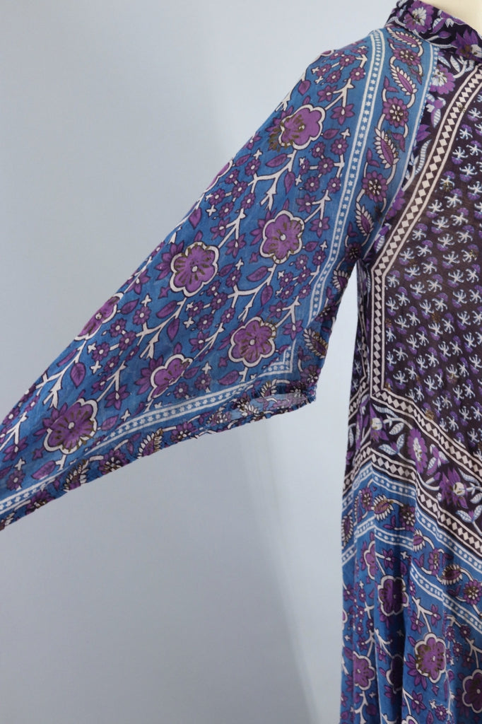 Vintage 1970s Indian Cotton Maxi Dress / ADINI / Blue &amp; Purple Floral Caftan - ThisBlueBird