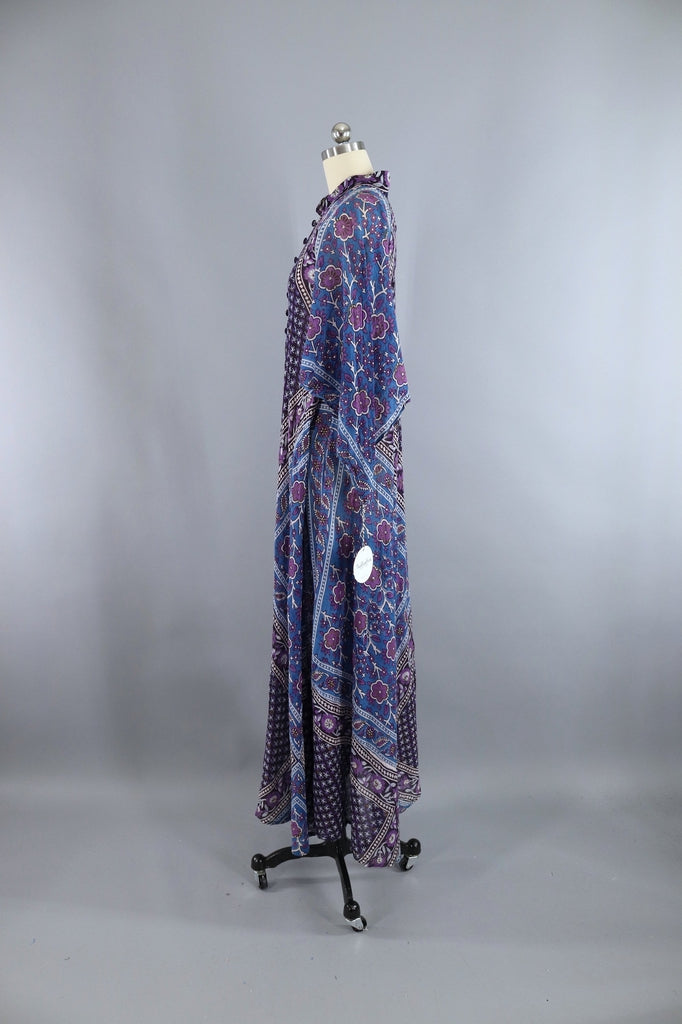 Vintage 1970s Indian Cotton Maxi Dress / ADINI / Blue &amp; Purple Floral Caftan - ThisBlueBird