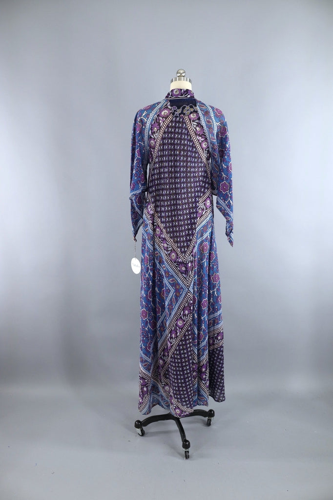Vintage 1970s Indian Cotton Maxi Dress / ADINI / Blue &amp; Purple Floral Caftan - ThisBlueBird