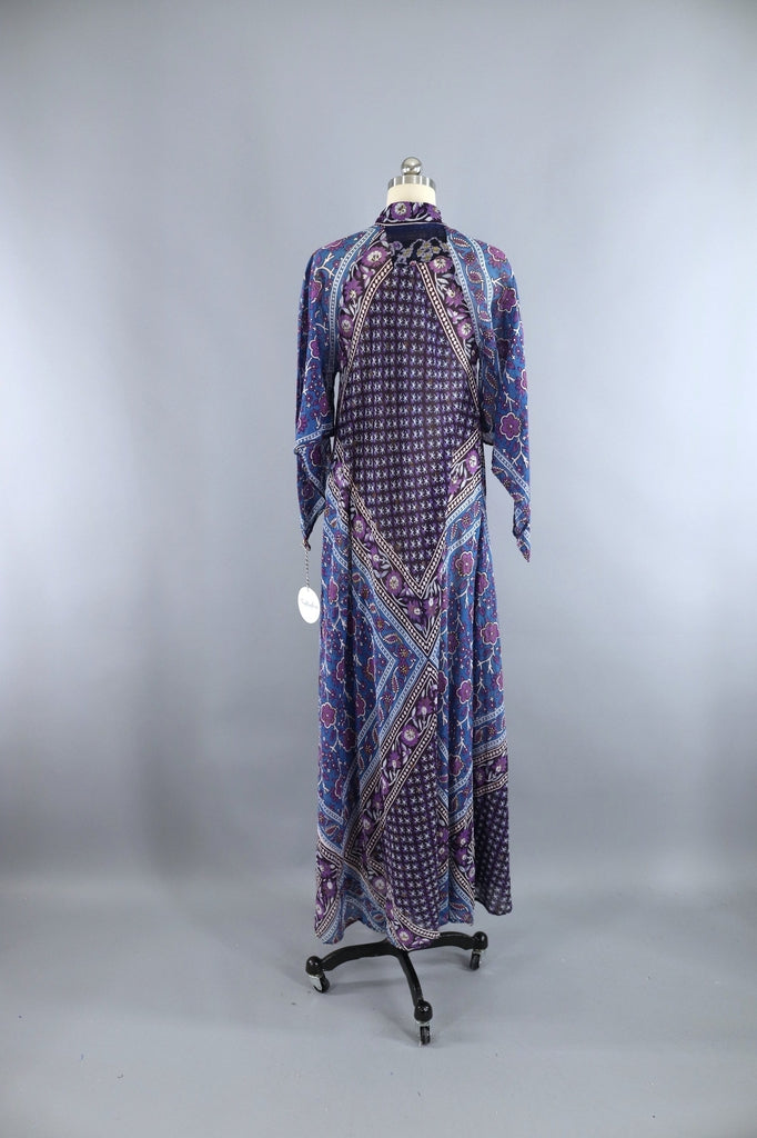 Vintage 1970s Indian Cotton Maxi Dress / ADINI / Blue & Purple Floral ...