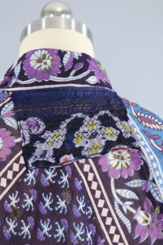 Vintage 1970s Indian Cotton Maxi Dress / ADINI / Blue &amp; Purple Floral Caftan - ThisBlueBird