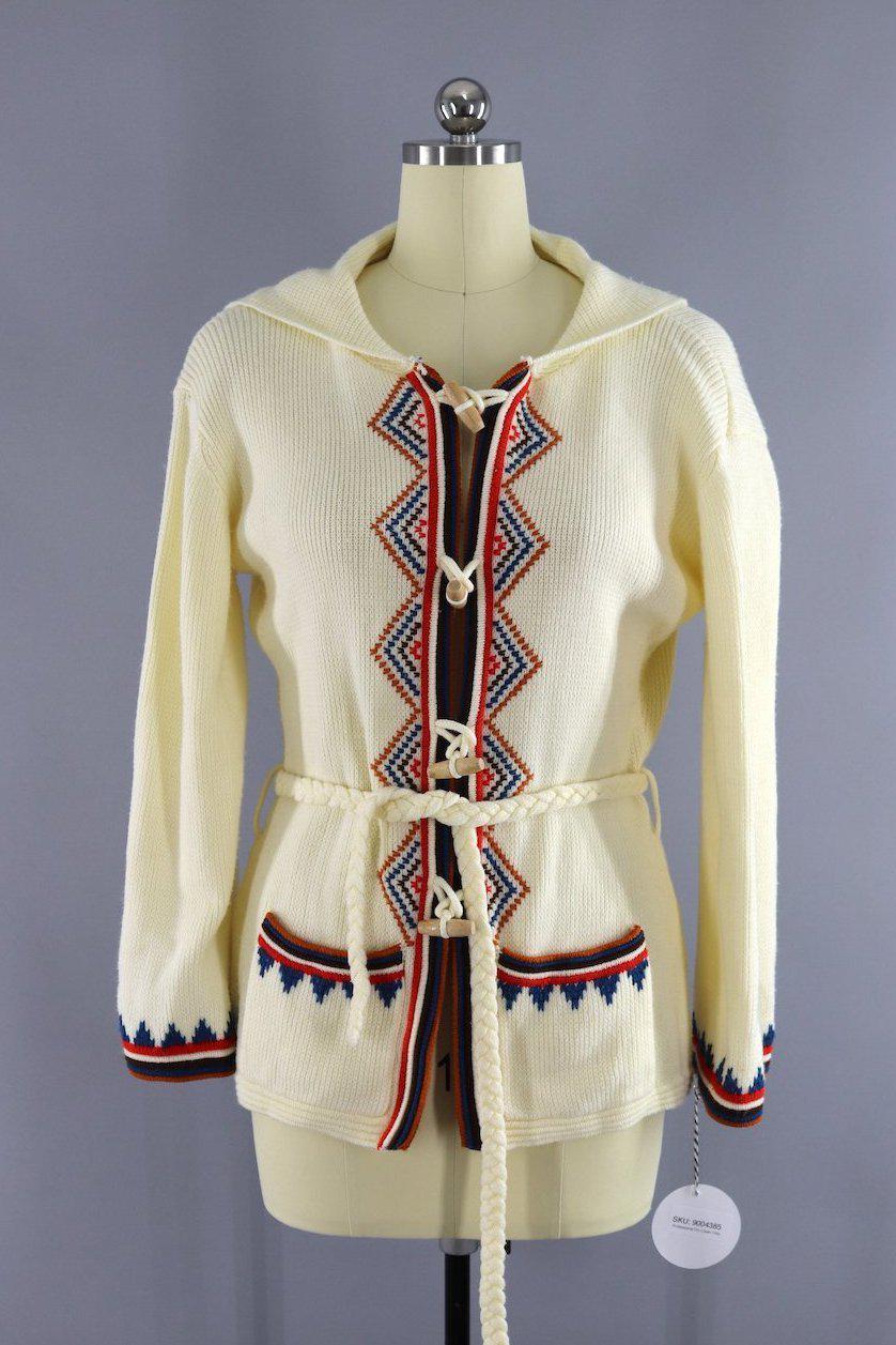 Vintage 1970s Ivory Hoodie Belted Cardigan Sweater - ThisBlueBird