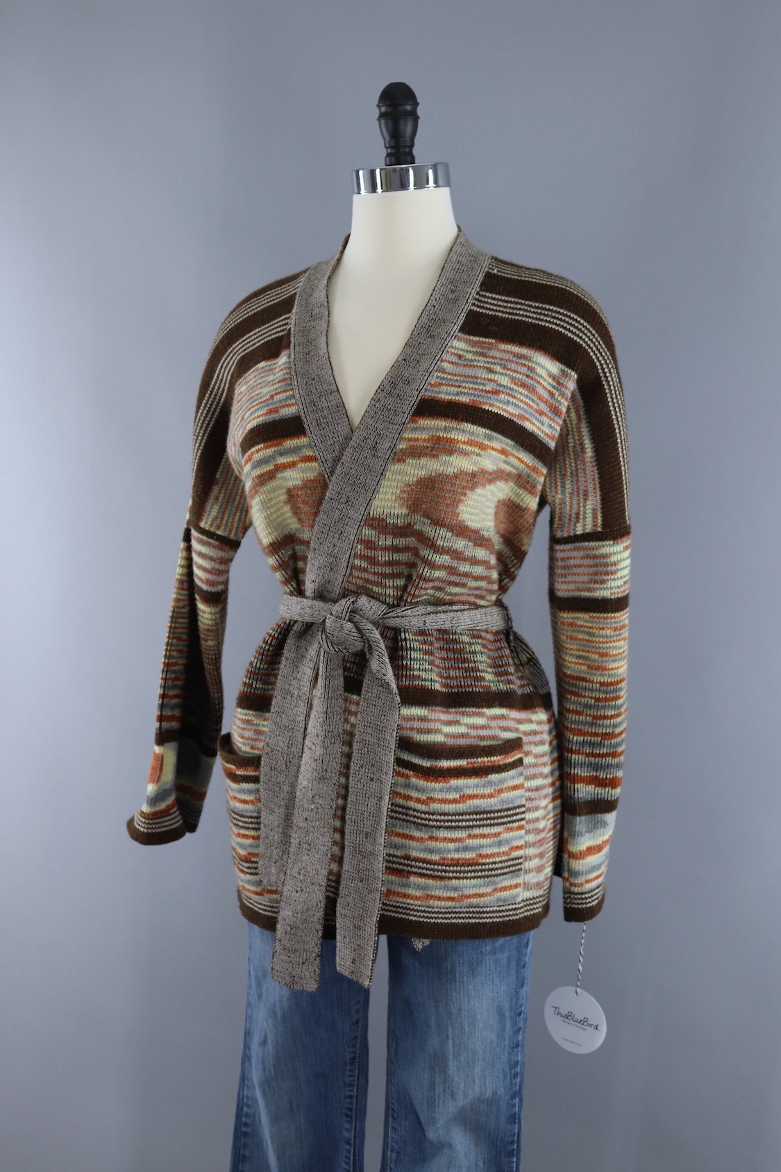 Vintage 1970s Kennington Brown Striped Wrap Cardigan Sweater