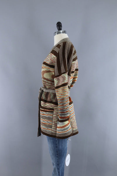 Vintage 1970s Kennington Brown Striped Wrap Cardigan Sweater - ThisBlueBird