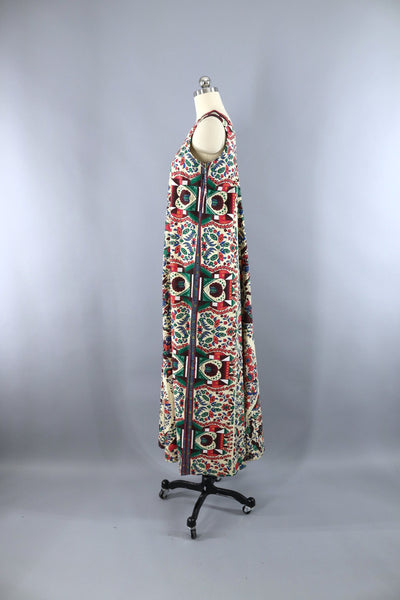 Vintage 1970s Kenya African Caftan Dress / Ivory Birds Print - ThisBlueBird
