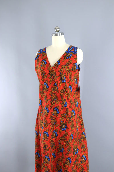 Vintage 1970s Kenya African Dress / Orange Batik Print - ThisBlueBird
