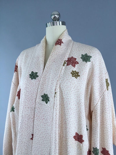 Vintage 1970s Kimono Robe / Ivory Leaves - ThisBlueBird