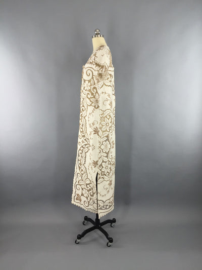 Vintage 1970s Lace Kaftan Robe / Bohemian Ivory Lace Dress Coat - ThisBlueBird