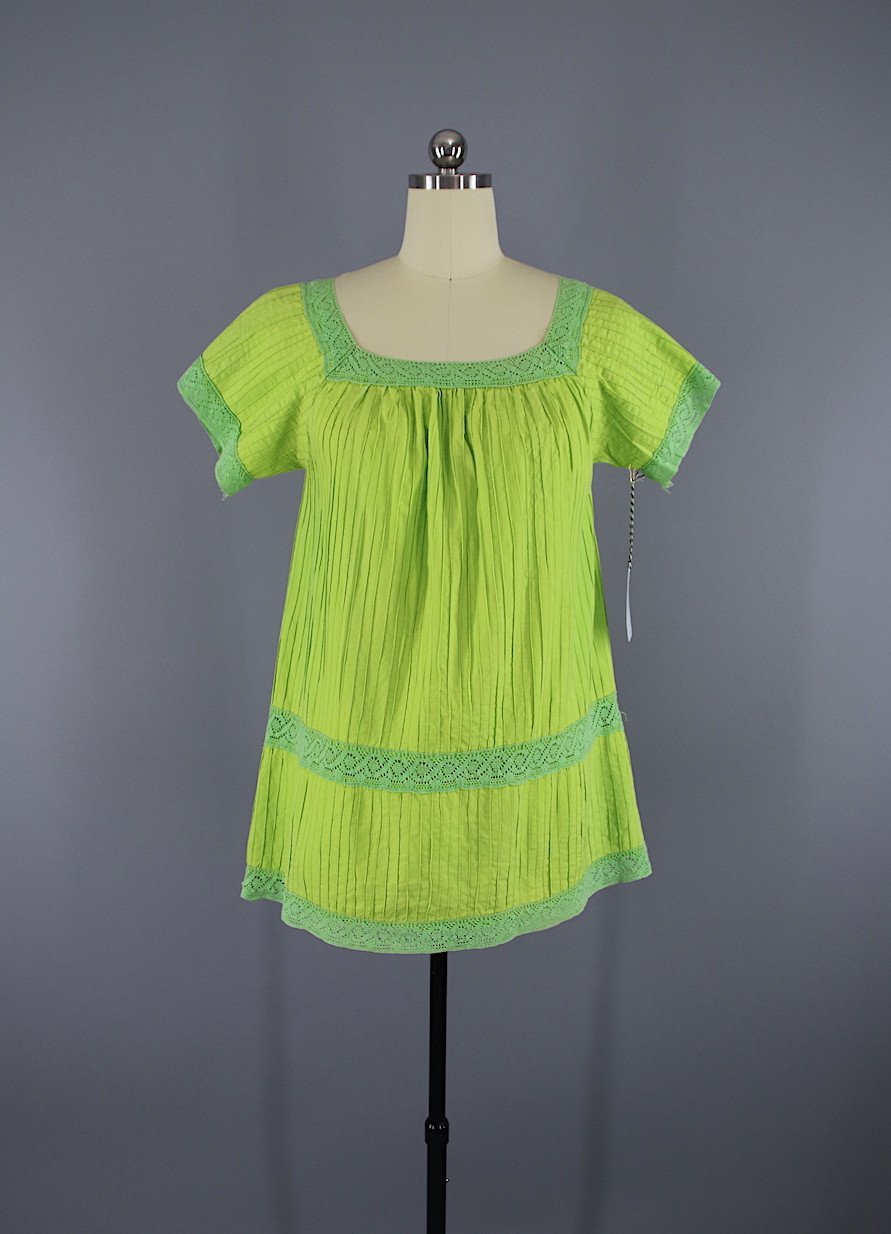Vintage 1970s Lime Green Cotton Crochet Tunic Blouse - ThisBlueBird