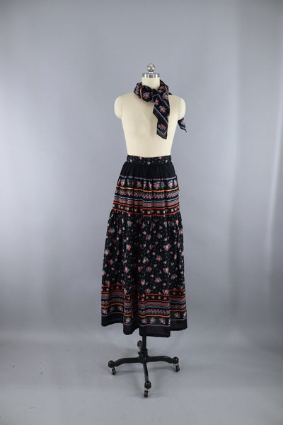 Vintage Hippie Black Floral Print Maxi Skirt Scarf Set - ThisBlueBird