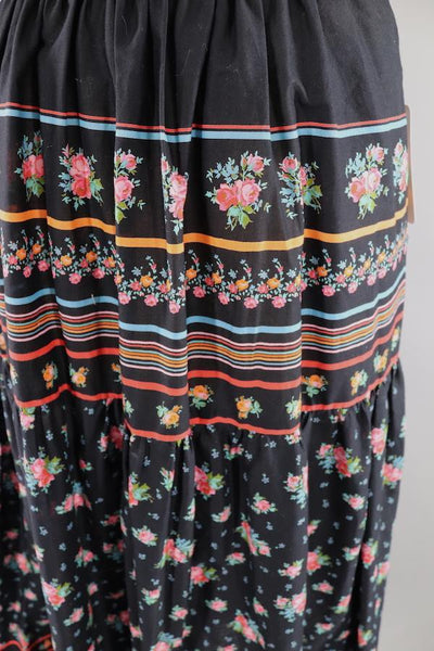 Vintage Hippie Black Floral Print Maxi Skirt Scarf Set - ThisBlueBird