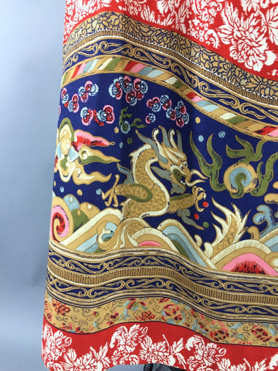Vintage 1970s Maxi Wrap Sundress / Novelty Print Asian Dragons - ThisBlueBird