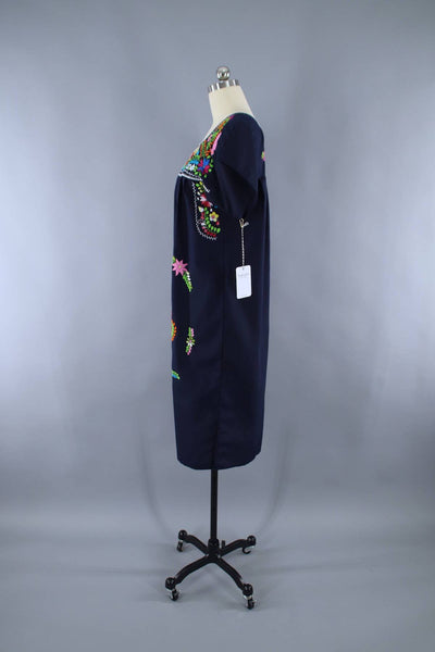 Vintage 1970s Mexican Dress / Navy Blue Floral Oaxacan Embroidery - ThisBlueBird
