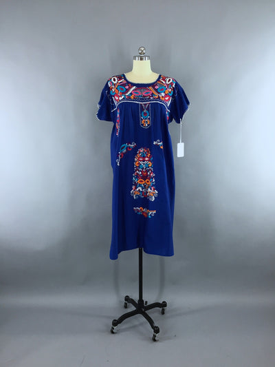 Vintage 1970s Mexican Dress / Oaxacan Embroidered Caftan / Royal Blue - ThisBlueBird