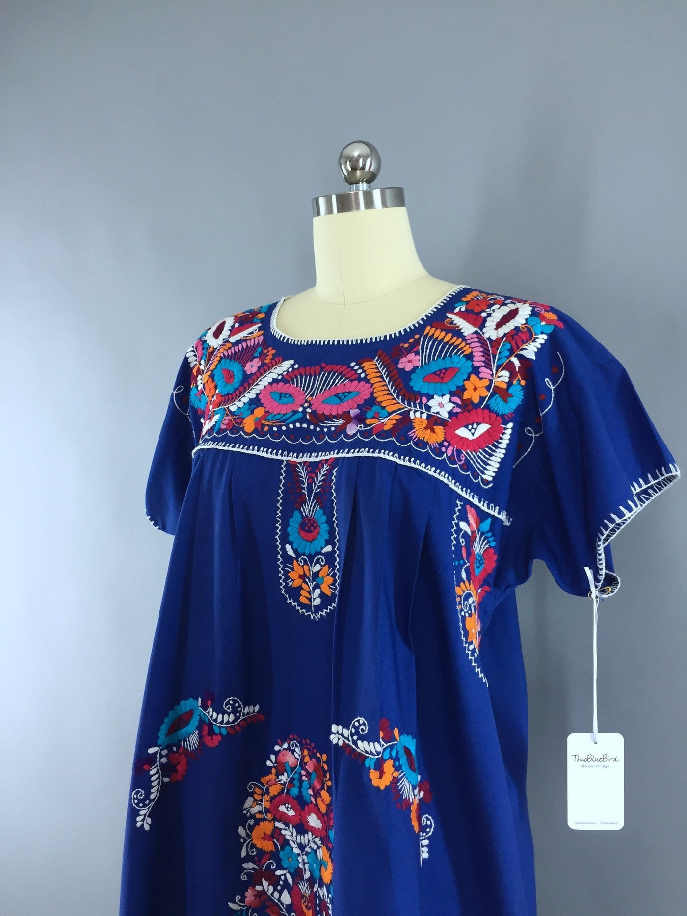 Vintage 1970s Mexican Dress / Oaxacan Embroidered Caftan / Royal Blue - ThisBlueBird
