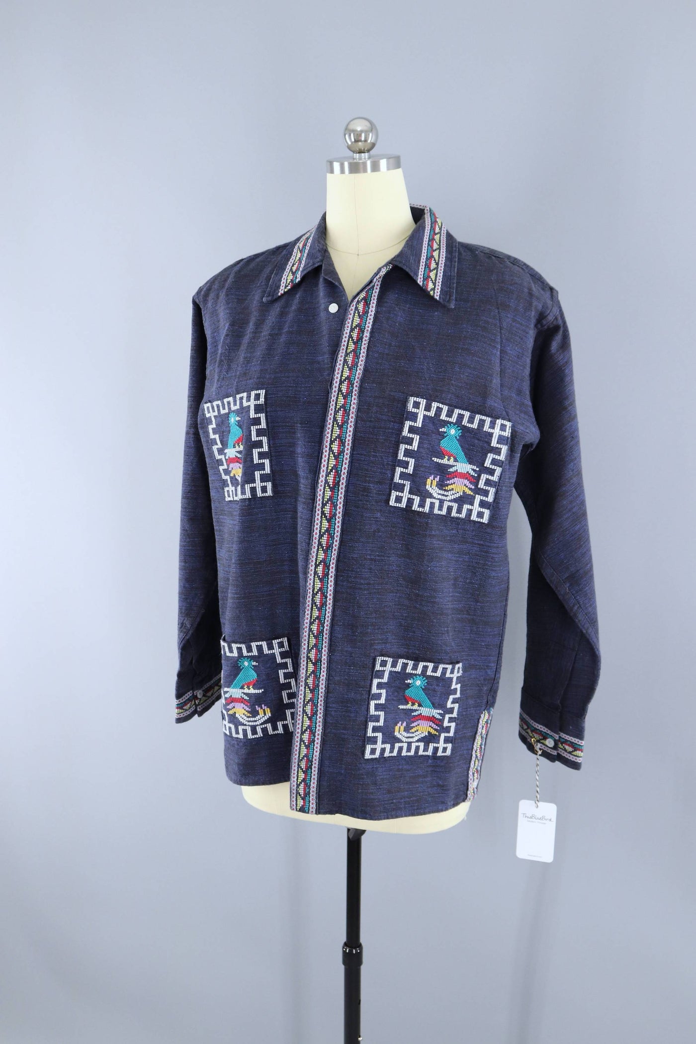 Vintage 1970s Mexican Embroidered Shirt / Navy Blue Birds - ThisBlueBird