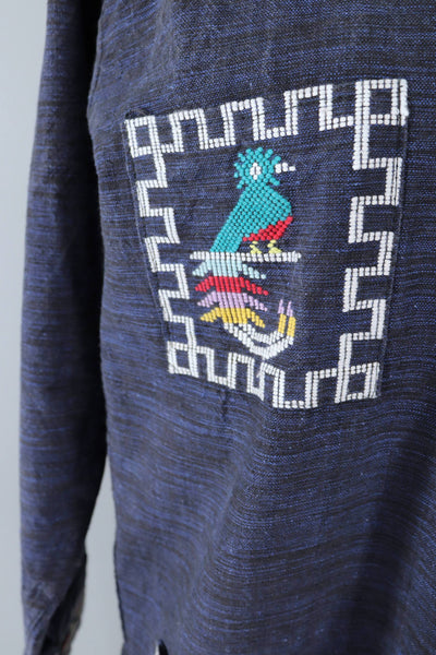 Vintage 1970s Mexican Embroidered Shirt / Navy Blue Birds - ThisBlueBird
