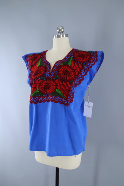 Vintage 1970s Mexican Embroidered Tunic / Blue & Red Floral / Oaxaca Embroidery - ThisBlueBird