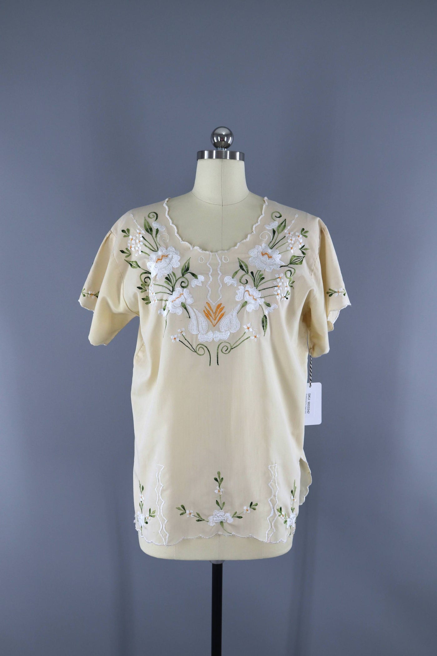 Vintage 1970s Mexican Embroidered Tunic / Cream Ivory Floral / Oaxacan - ThisBlueBird