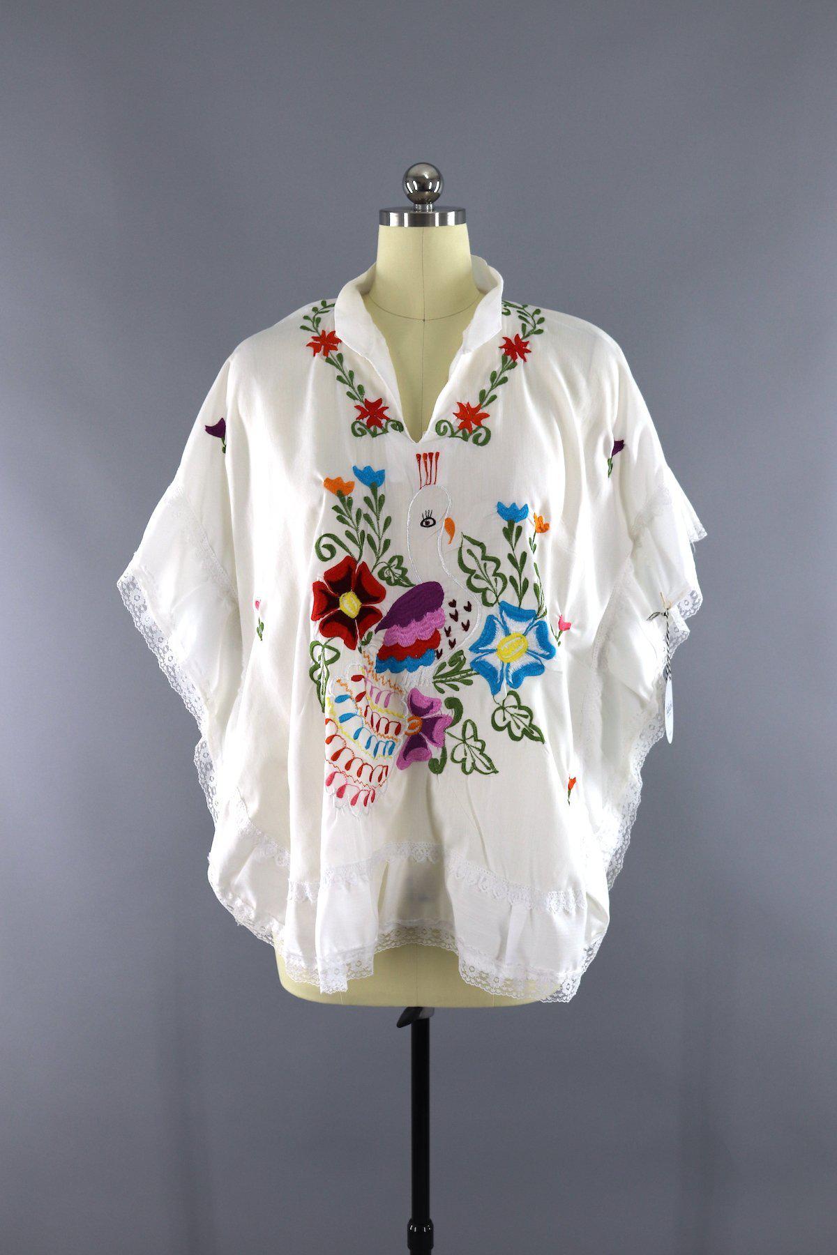 Vintage 1970s Mexican Embroidered Tunic / White Peacock and Floral Embroidery - ThisBlueBird