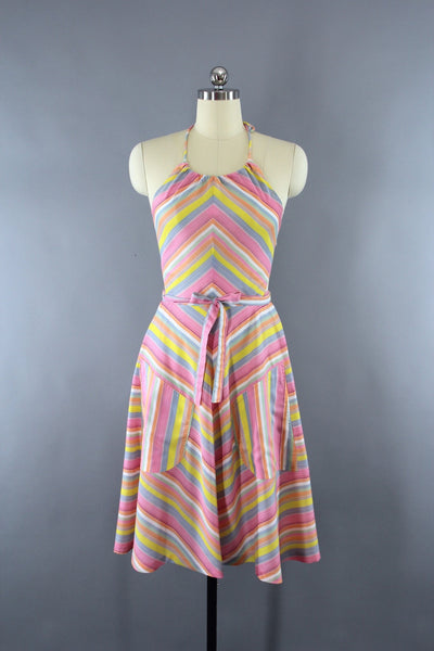 Vintage 1970s Mindy Malone Chevron Stripes Halter Dress - ThisBlueBird