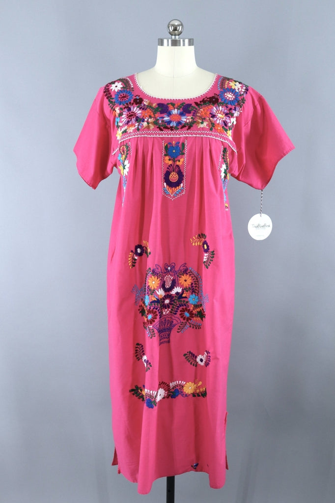 Vintage 1970s Oaxacan Mexican Embroidered Caftan Dress / Pink Floral - ThisBlueBird