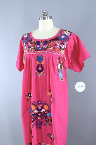 Vintage 1970s Oaxacan Mexican Embroidered Caftan Dress / Pink Floral - ThisBlueBird