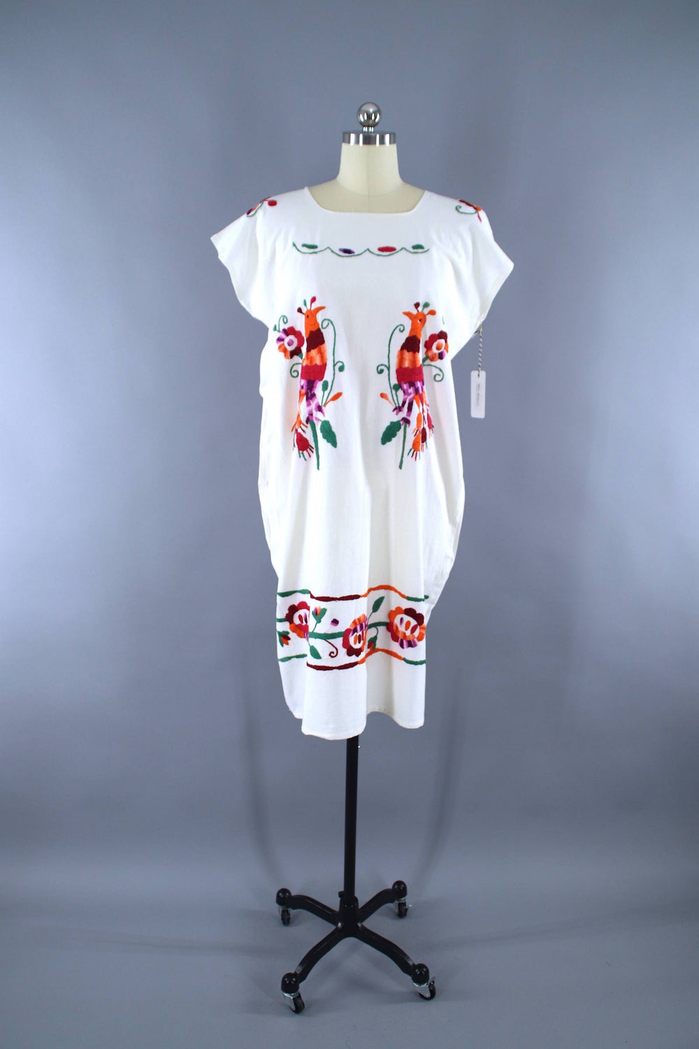 Vintage 1970s Oaxacan Mexican Embroidered Cotton Gauze Caftan Dress / White & Orange Birds - ThisBlueBird