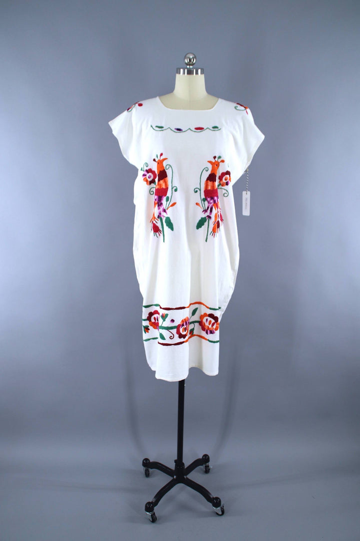 Vintage 1970s Oaxacan Mexican Embroidered Cotton Gauze Caftan Dress / White &amp; Orange Birds - ThisBlueBird