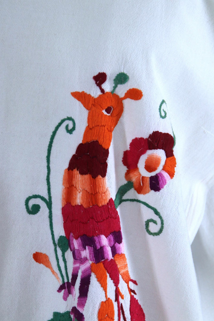 Vintage 1970s Oaxacan Mexican Embroidered Cotton Gauze Caftan Dress / White &amp; Orange Birds - ThisBlueBird