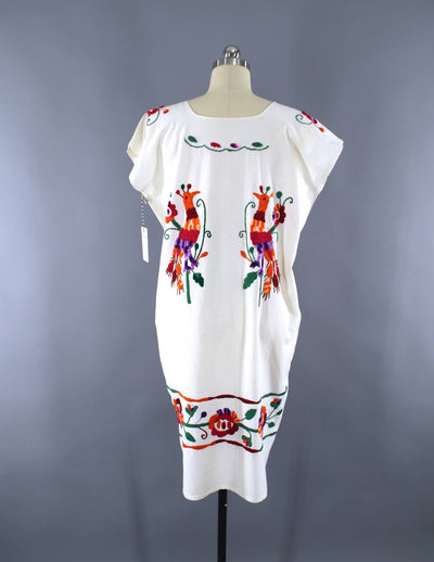 Vintage 1970s Oaxacan Mexican Embroidered Cotton Gauze Caftan Dress / White & Orange Birds - ThisBlueBird