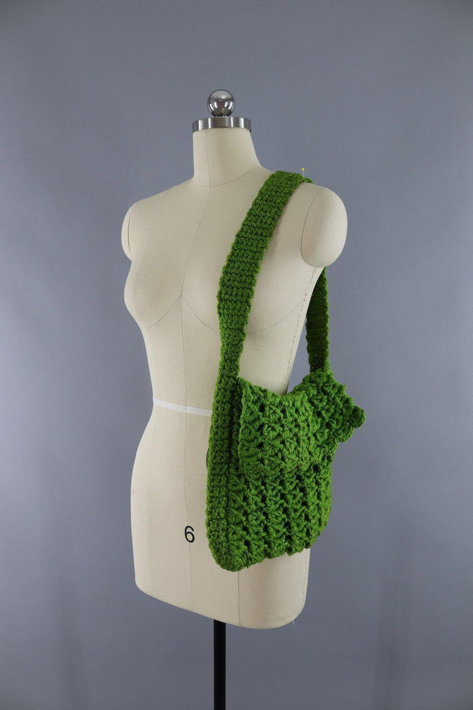 Vintage 1970s Olive Army Green Crocheted Shoulder Bag - ThisBlueBird