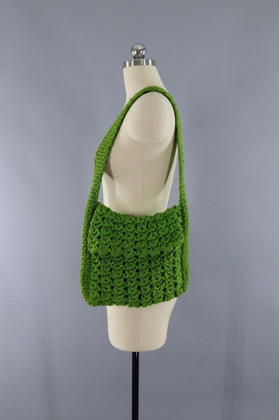 Vintage 1970s Olive Army Green Crocheted Shoulder Bag - ThisBlueBird