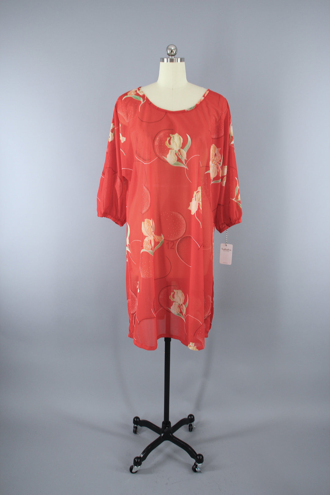 Vintage 1970s Orange Floral Print Chiffon Caftan Dress Swim Cover - ThisBlueBird