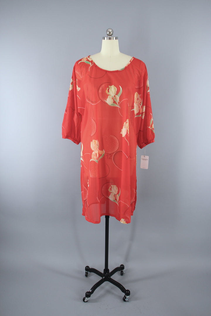 Vintage 1970s Orange Floral Print Chiffon Caftan Dress Swim Cover - ThisBlueBird