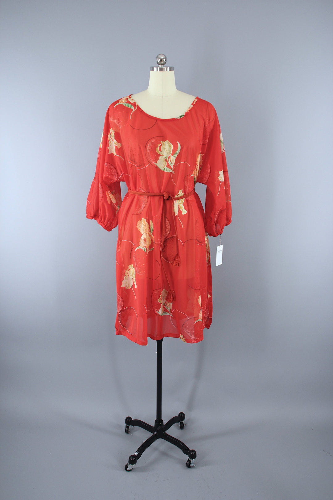 Vintage 1970s Orange Floral Print Chiffon Caftan Dress Swim Cover - ThisBlueBird