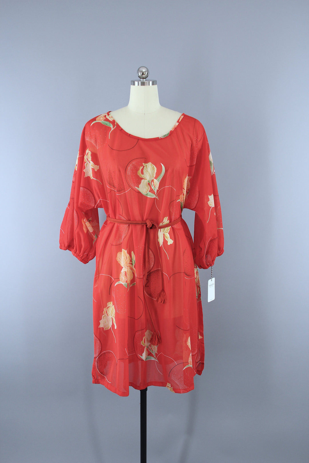 Vintage 1970s Orange Floral Print Chiffon Caftan Dress Swim Cover - ThisBlueBird