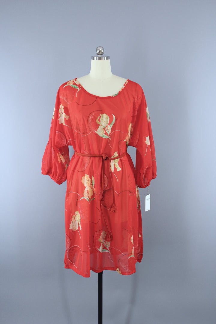 Vintage 1970s Orange Floral Print Chiffon Caftan Dress Swim Cover - ThisBlueBird